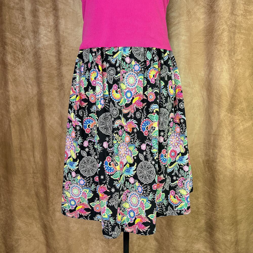 Vintage Graphic Print Midi Skirt 90s Handmade Paisley Bird Multicolor Tropical